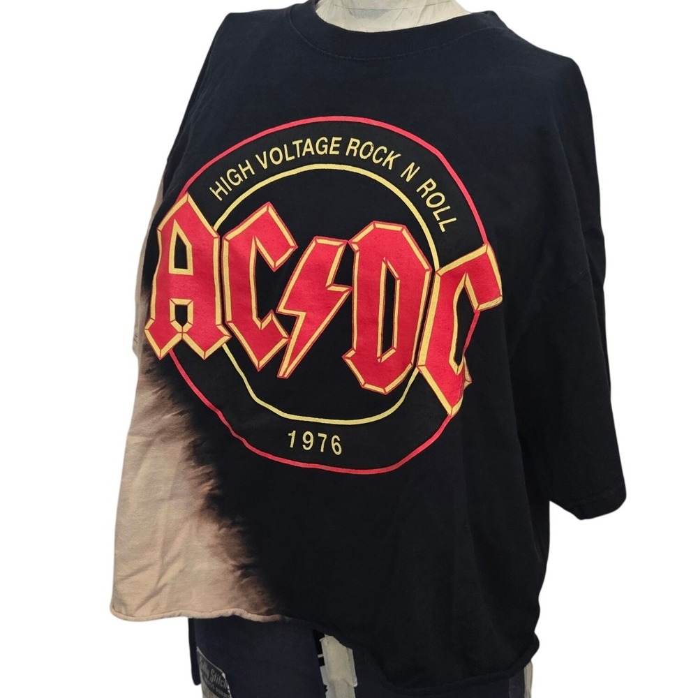 AC/DC Reworked Cropped T Shirt XL Bleach Tie Dye‎ High Voltage Rock Band Graphic